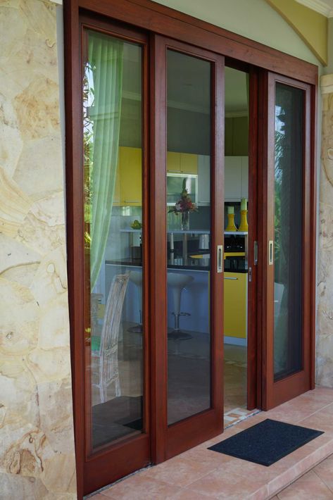 Sliding Door Design For Balcony, Wooden French Doors Interior, Door Next To Window, Pintu Geser Sliding Doors, Kitchen Doors Ideas, Kitchen Sliding Door Ideas, Balcony Door Design, Glass Door Ideas, Sliding Door Ideas