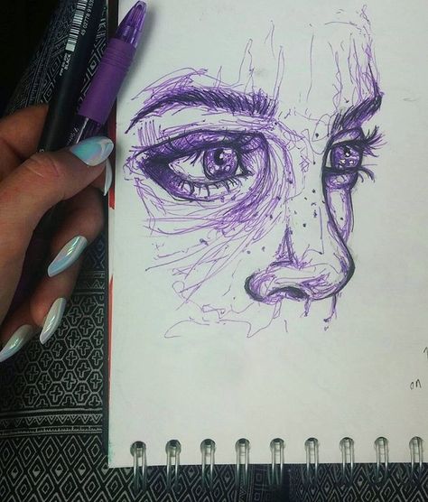 Purple Art Journal, Purple Pen Drawing, Art Sketchbook People, Purple Drawing Ideas, Purple Drawings, Sketchbook People, Art Messages, Purple Sketch, Purple Drawing