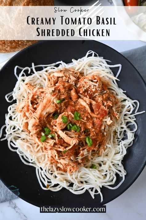 Slow Cooker Creamy Tomato Basil Shredded Chicken Creamy Tomato Basil Chicken, Pulled Turkey, Summer Crockpot, Tomato Basil Chicken, Summer Crockpot Recipes, Tomato Basil Sauce, Chicken Tender, Marinara Sauce Homemade, Shredded Chicken Recipes