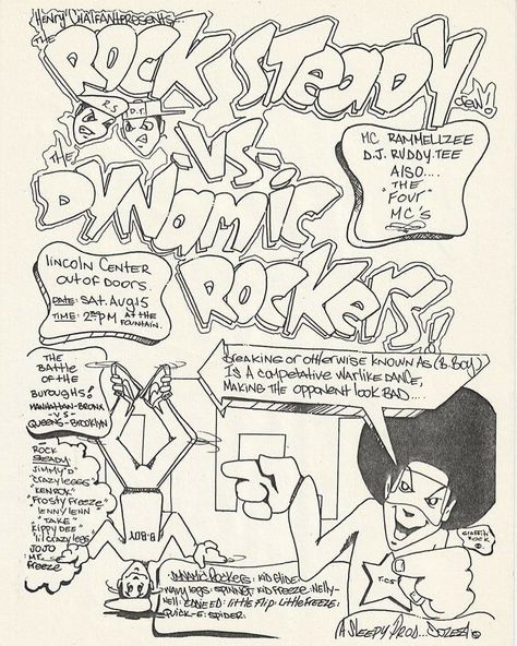 42 years ago today .. On August 15th 1981 the historical televised live battle between Rock Steady Crew Vs Dynamic Rockers at Lincoln Center.. Hip Hop Images, Hip Hop Poster, Graffiti Writing, Graphic Book, Real Hip Hop, Rock Steady, Graffiti Characters, Graffiti Designs, Lincoln Center