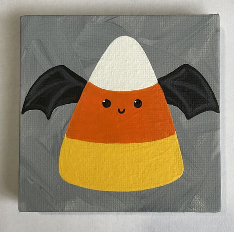 "3\"x3\" Hand Painted Halloween Candy Corn Bat Canvas Painting This small candy corn painting is the perfect addition to your fall/Halloween decor.  Hand painted on a 3\"x3\" canvas with acrylic paint, each painting is one of a kind.  A great gift for a friend or family member or perfect just for you!" Halloween Artwork Painting, Candy Corn Painting, Pumpkin Canvas Painting, Gold Tattoos, Corn Painting, Halloween Canvas Paintings, Halloween Canvas Art, Art Mini Toile, Hand Painted Halloween