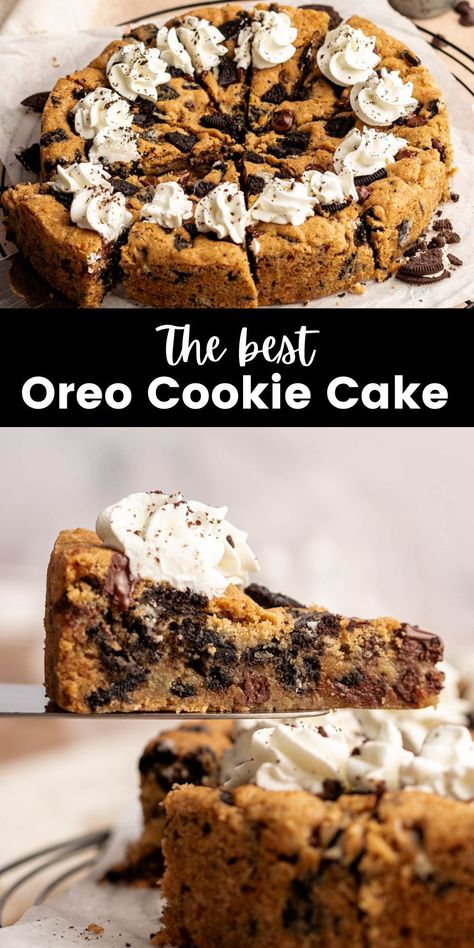 This oreo cookie cake is soft, and chewy on the inside, filled with Oreos and gooey chocolate chips, and topped with freshly made whipped cream! Oreo Cake Cookie Recipes, Oreo Cookie Cake Recipe, Oreo Cookie Cake Mix Cookies, Cookies Cake, Crazy Cookie Recipes, Cookie Cake Ideas, Crumbl Cookie Copycat Oreo Birthday Cake, Cookie Cakes, Cookies And Cream Oreo Cake