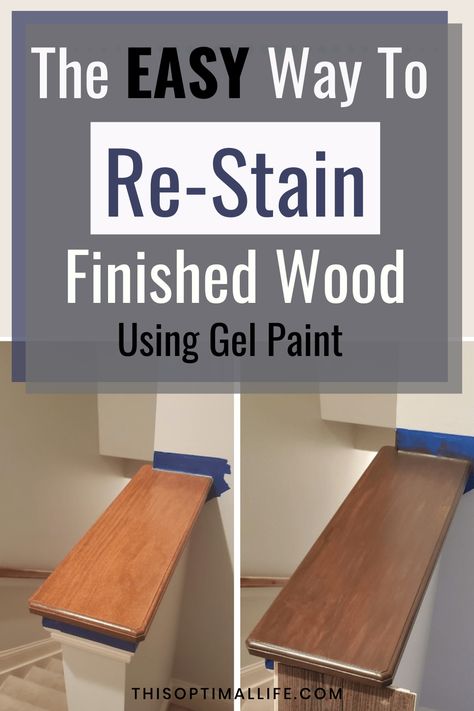 Restain Cabinets Diy, Gel Stain Over Stained Wood Door, Gel Stain Maple Cabinets, How To Restain Wood Baseboards, Spray Stain On Wood, Gel Stain Over Knotty Pine, How To Gel Stain Cabinets, Varathane Kona Gel Stain, How To Stain Dark Wood To Light