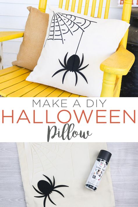 Diy Halloween Pillow, Cricut Fabric, Spider Pillow, Fall Cricut, Fabric Spray Paint, Halloween Wood Signs, Halloween Sewing, Halloween Pillow, Cricut Halloween