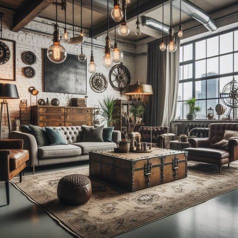 Modern Industrial Living Room Industrial Basement Remodel, Industrial Boho Interior Design, Industrial Rustic Interior Design, Dark Industrial Living Room, Steampunk Living Room Ideas, Modern Industrial Living Room Ideas, Industrial Boho Living Room, Industrial Salon Decor, Industrial House Decor