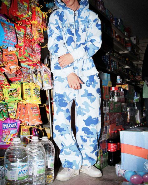 Named Collective Tracksuit Blue, Named Collective Blue Camo, Blue Tracksuit Outfit, Unrealistic Ideals Tracksuit, Blue Named Collective, Drippy Clothes, Camo Tracksuit, Camo Sweatpants, Named Collective