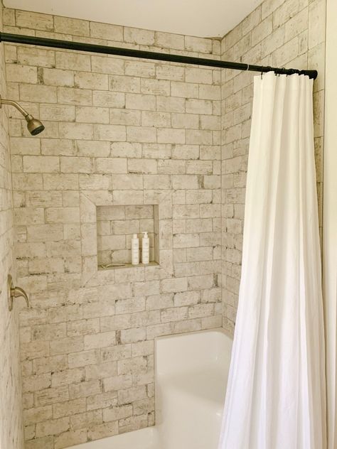 Why We Opted for a Shower Curtain Instead of a Glass Door Shower Pan With Curtain, Tile Shower Without Door, Walkin Shower Curtain Ideas, Guest Bathroom Ideas With Shower Curtain, Shower Ideas Without Glass Doors, Shower Curtain Vs Shower Doors, Update Shower Door, Shower With Curtain Ideas, Temporary Shower Ideas