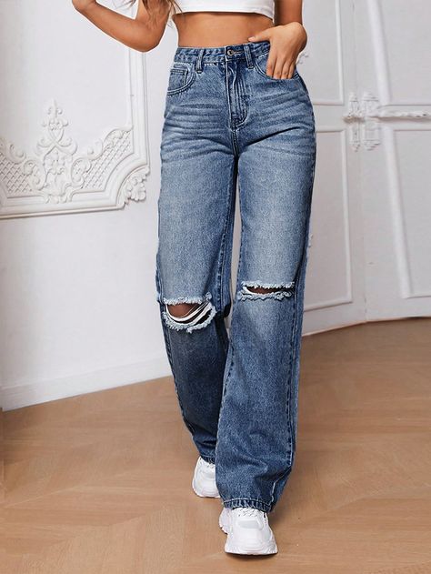 Blue Casual Collar  Denim Plain Straight Leg Embellished Non-Stretch  Women Clothing Torn Jeans Outfit, Dark Blue Ripped Jeans, Light Wash Jeans Outfit, Ripped Jeans High Waisted, Ripped Women, Ripped Jeans Outfit, Torn Jeans, Distressed Mom Jeans, Blue Ripped Jeans