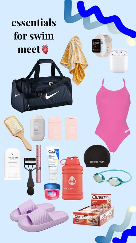 Swimming Gear Accessories, What To Pack In Your Swim Bag, Swimming Needs List, Swimmer Outfits Swim Team, Swimming Packing List, Swim Essentials Bag, Swimming Essentials List, Whats In My Swim Bag, Swimming Sport Outfit