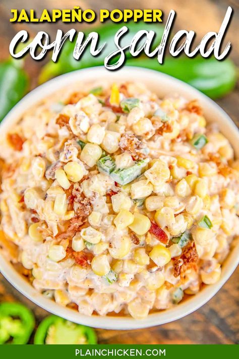 Jalapeño Popper Corn Salad - crazy delicious creamy corn salad. I made this for a cookout and it was gone in a flash! I should have doubled the recipe!! Corn, jalapeños, bacon, mayonnaise, cream cheese, sour cream, onion, garlic, chili powder, paprika, pepper jack cheese, and cheddar cheese. Can make in advance and refrigerate overnight. A real crowd pleaser! Creamy Corn Salad, Easter Side Dishes Vegetables, Ground Chicken Burgers, Grilled Chicken Tacos, Paprika Pepper, Potluck Side Dishes, Easter Dinner Recipes, Creamy Corn, Jalapeno Popper