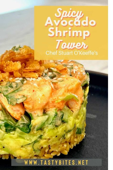 Spicy Avocado Shrimp Tower Shrimp Tower, Shrimp Stacks, Shrimp Avocado Recipes, Sushi Tower, Shrimp Stack, Sushi Stack, Rice Burger, Avocado Appetizer, Avocado And Cucumber