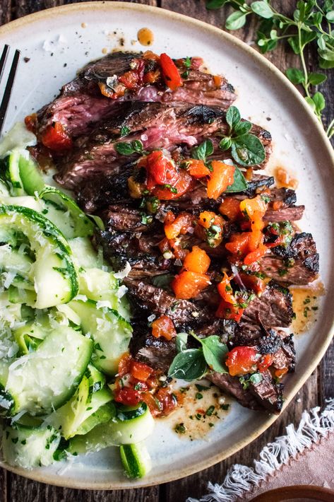 Skirt Steak Recipe, Red Pepper Relish, Wellness Foods, Raw Zucchini Salad, Steak Marinated, The Original Dish, Raw Zucchini, Skirt Steak Recipes, Pepper Relish