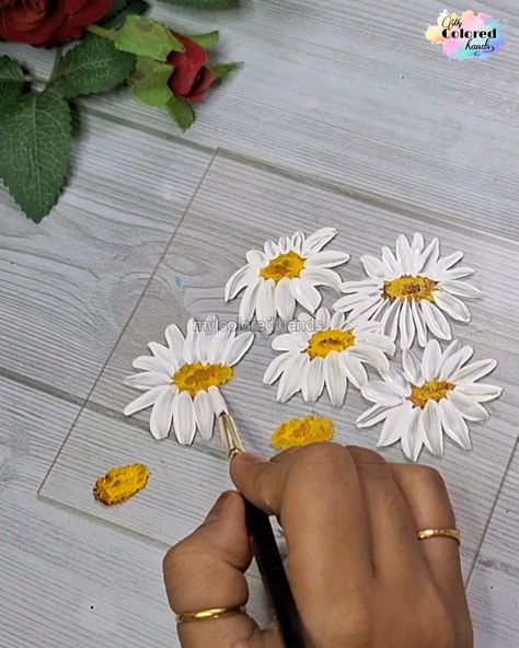 Beautiful daisies painting on Acrylic sheet | Beautiful daisies painting on Acrylic sheet | By My colored hands Art With Transparency Sheets, Clear Acrylic Sheet Painting, Painting On Clear Acrylic Sheet, Painting On Plastic Sheet, Painting On Glass Sheet, Painting On Acrylic Sheets, Paint On Acrylic Sheet, Acrylic Sheet Diy Projects, Acrylic Sheet Art