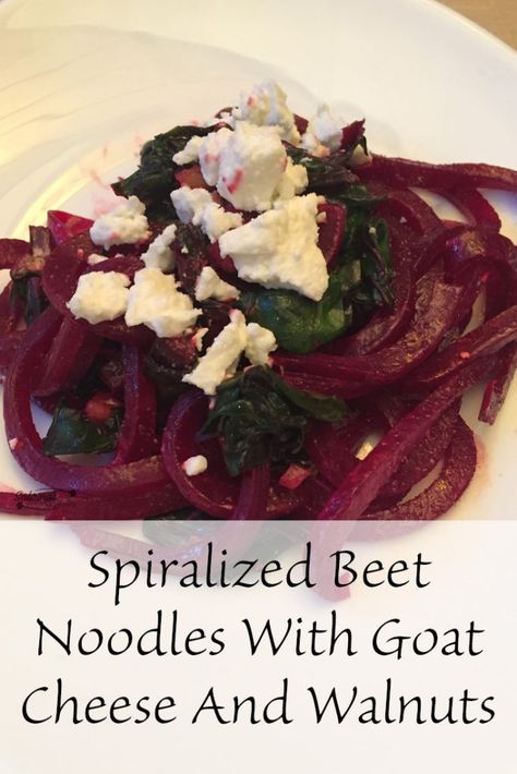 Spiralized Beet Noodles Goat Cheese Walnuts recipe for the entire family and great for Lent. Beet Noodles Recipes, Spiralized Beets, Beet Noodles, Gluten Free Pasta Dishes, Vegetable Meals, Walnuts Recipe, South Beach Diet Recipes, Vegetable Noodles, Walnut Recipes