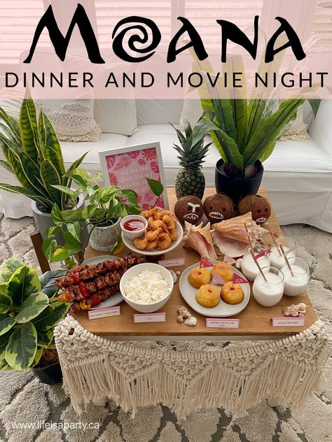 Moana Themed Party -Dinner and A Movie Night via @lifeisapartyca Night At The Museum Movie Night Food, Elemental Themed Food, Disney Movie Themed Dinner, Princess Dinner, Themed Dinners Ideas, Family Movie Night Themes, Disney Movie Night Menu, Disney Themed Movie Night, Disney Movie Night Food