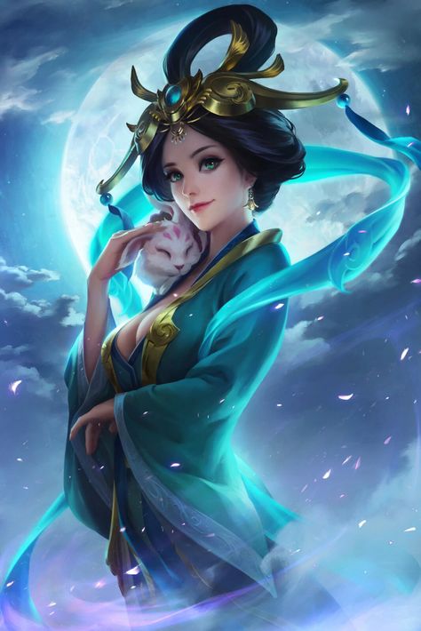 Chang'e, also known as Chang-o and Heng'e, is the Chinese goddess of the moon and one of the most sought-after fairy dancers in the Chinese heaven. She is the wife of the Divine Archer Hou Yi and the dream woman of Zhu Bajie. 1 Overview 2 Appearance 3 Personality 4 Powers and Abilities 5 History 5.1 Origins 5.2 Journey to the West 5.2.1 Bajie's Banishment 5.2.2 Jade Rabbit Princess 6 Myths and Legends 7 Quotes 8 Gallery 9 Trivia She is the queen of Lunaria, one of the biggest celestial cities on Over The Moon, The Moon, Books Wattpad, Digital Art, Wattpad, Moon, Books, Art