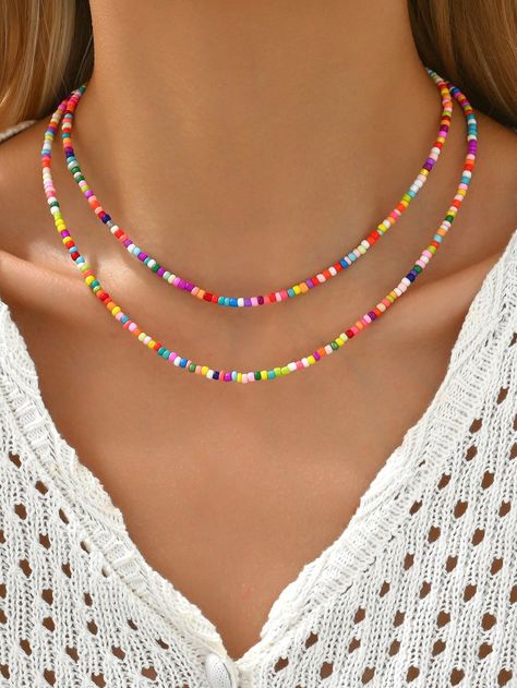 1 pieza Collar de dos capas de cuentas de arroz multicolores estilo bohemio, joyería hecha a mano con varios colgantes, perfecto como accesorio de verano y decoración de clavícula Multicolor    Acero Inoxidable     Women Fashion Jewelry, size features are:Bust: ,Length: ,Sleeve Length: Rice Bead, Watches Women Fashion, Diy Schmuck, Summer Accessories, Necklace Handmade, Handmade Necklaces, Layered Necklaces, Bohemian Style, Womens Jewelry Necklace