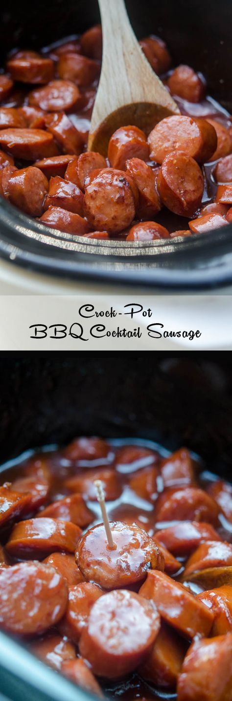 Smoked sausage combined with a sweet, tangy BBQ sauce mixture Bbq Cocktails, Cocktail Sausages, Crockpot Appetizers, Tangy Bbq Sauce, Bbq Sauces, Classic Party, Party Snack, Corn Dogs, Finger Food Appetizers