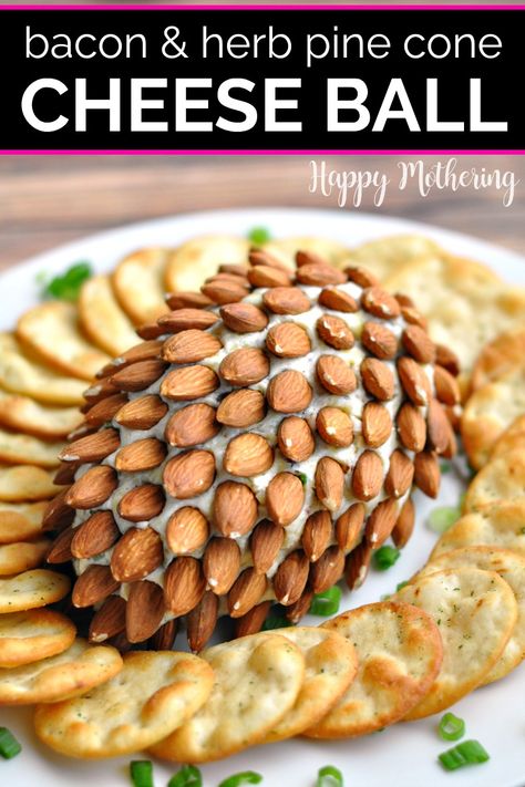 Bacon & Herb Pine Cone Cheese Ball Recipe - Happy Mothering Pinecone Cheeseball Recipe, Pine Cone Cheese Ball, Bacon Cheeseball Recipes, Cheeseball Recipe, Food Centerpieces, Veggie Bites, Cheese Ball Recipe, Uncured Bacon, Herb Cheese