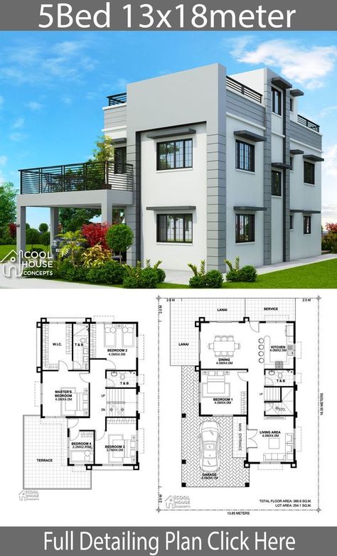 4 Bedroom Home Plan Full Exterior And Interior 10x15.6m - Samphoas Plan 92A 4 Bedroom House Designs, House Plans Ideas, Two Story House Design, Little House Plans, Two Story House, Interior Design Plan, Modern Villa Design, Mountain House Plans, House Construction Plan