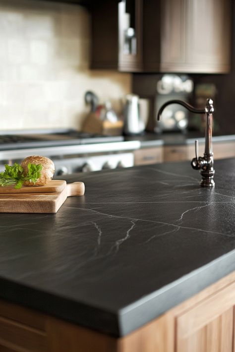 13 Trendsetting Black Countertop Kitchen Designs – DreamyHomeStyle Black Matte Countertops, Black Mist Honed Granite Countertops, Black Epoxy Countertop, Matte Countertops, Black Countertops Kitchen Color Schemes, Matte Black Countertops, Kitchen Ideas With Black Countertops, Black Quartz Countertop, Kitchen Black Countertop