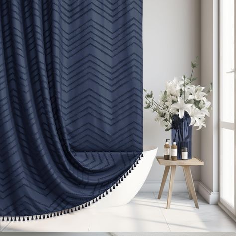 PRICES MAY VARY. NAVY BLUE SHOWER CURTAINS SET FOR BATHROOM - looking for a stylish and functional addition to your bathroom? look no further than our shower curtain! measuring 72 x 84 inches, this boho curtain with hooks is perfect for most tub and shower areas, keeping water off your floors and giving you the privacy you need. our latest waterproof technology keeps your bathroom neat and dry. BOHO SHOWER CURTAIN - make a statement with our boho shower curtain, featuring a unique chevron textur Navy Shower Curtain Ideas, Blue Shower Curtain Ideas, Dark Blue Bathroom Ideas, Navy Blue Bathroom Ideas, Navy Blue Shower Curtain, Navy Bathroom Decor, Cream Shower Curtains, Dark Blue Bathrooms, Chevron Shower Curtain