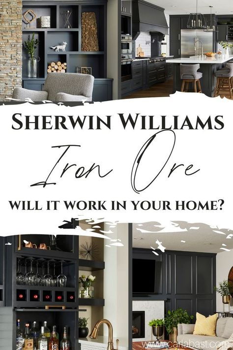 This contains: Sherwin Williams Iron Ore - Is it the Right Black Paint Color for Your Cabinets? Iron Ore Sherwin Williams Exterior, Best Black Paint Color, Iron Ore Paint Color, Iron Ore Kitchen, Iron Ore Paint, Accent Wall Black, Sherwin Williams Iron Ore, Iron Ore Sherwin Williams, Best Greige Paint Color