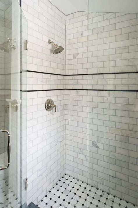 Honed Marble Shower Subway Tiles with Black Pencil Trim - Cottage - Bathroom Subway Tile With Marble Accent, Subway Tile Shower With Pencil Trim, Shower Tile With Accent Strip, Striped Shower Tile, Marble Subway Tile Bathroom, Marble Shower Floor, Corner Shower Tile, 1920 Bathroom, 1920s Tudor