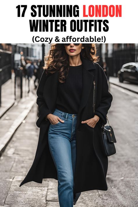 17 Stylish London Winter Outfits To Rock This Holiday Season!! Toronto Style Winter, Black Coats For Women Winter, How To Style A Black Coat, Winery Winter Outfit, Black Wool Coat Outfit Winter, Oversized Wool Coat Outfits, Amsterdam Fall Outfit, Black Trench Coat Outfit Classy, Winter Airport Look