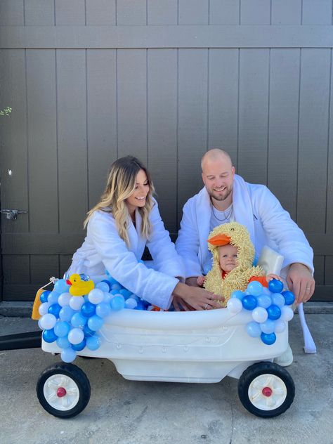 Rubber Ducky Family Costume, Bubble Bath Wagon Costume, Family Halloween Costumes Stroller, Infant Duck Costume, Rubber Duck Baby Costume, Bathtub Wagon Costume, Two Under Two Halloween Costumes, Bath Tub Trunk Or Treat, Rubber Duck Family Costume