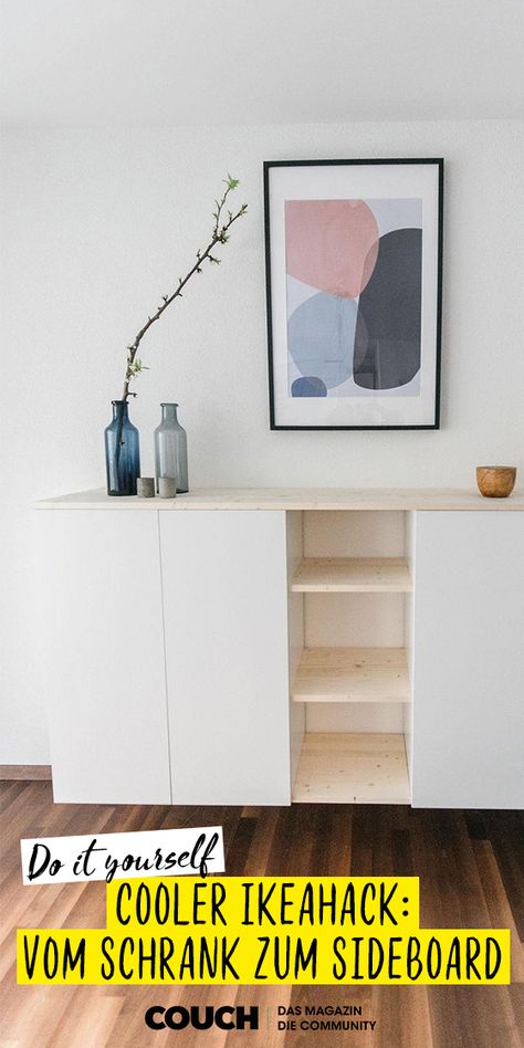 Statt ein Sideboard zu kaufen hat corinne.weh aus zwei Ikea-Schränken eines selbst gebaut! Die günstige DIY-Stauraum-Lösung gefällt uns wahnsinnig gut! #stauraum #ikea #ikeahack #sideboard #diy #doityourself #COUCHstyle Skruvby Ikea Hacks, Ikea Hack Sideboard, Sideboard Ikea Hack, Ikea Sideboard Hack, Sideboard Diy, Ivar Regal, Ikea Sideboard, Diy Sideboard, Kallax Hack