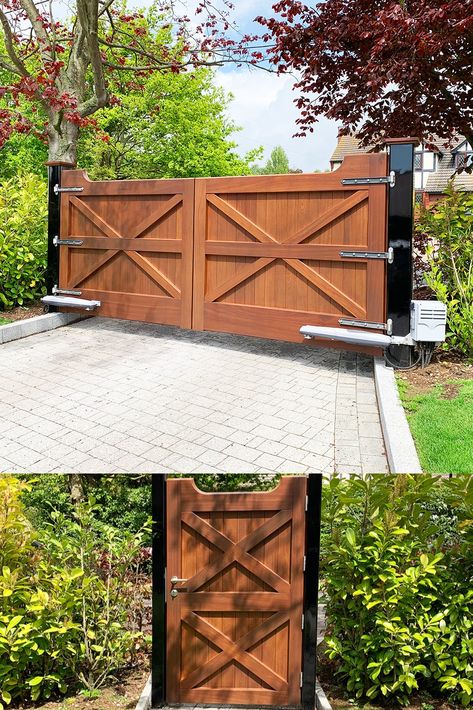 These bespoke Iroko gates are solid, hard wearing and provide an extra level of security to the property. Drive Gates Wooden, Solid Gate Design, Driveway Privacy Gate, Solid Driveway Gate, French Country Fence, Diy Wood Gates Driveway, Wooden Gates Ideas, Main Gate Arch Design, Gate Arch Design