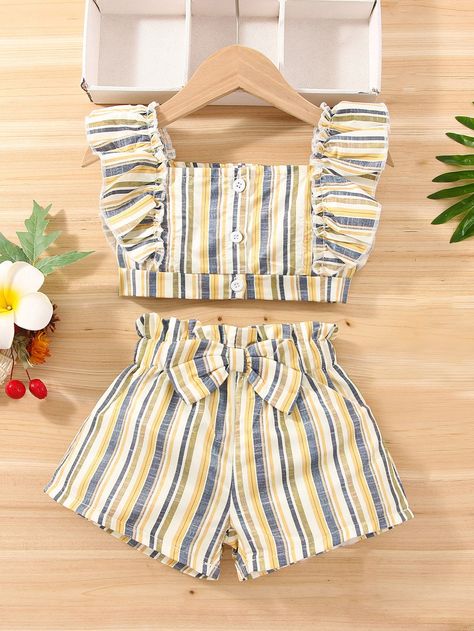 Multicolor Cute  Sleeveless  Striped  Embellished Non-Stretch Summer Baby Clothing Paper Bag Pants, Bag Pants, African Dresses For Kids, Baby Crop Top, Kids Fashion Dress, Kids Fashion Clothes, Frocks For Girls, Kids Outfits Girls