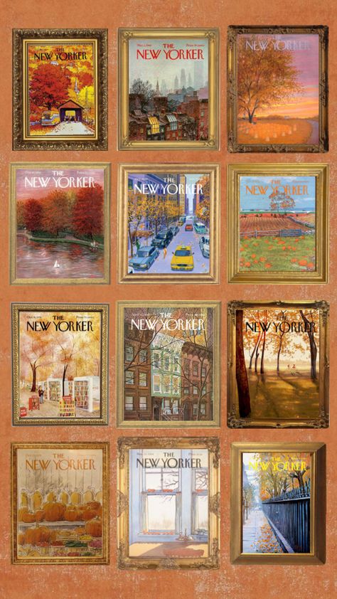 New Yorker Magazine Covers in gold frames #newyork #leaves #fall #fallaesthetic  #autumn #wallpaper New Yorker Magazine Covers, Thanksgiving Snoopy, Fall Collage, New Yorker Magazine, Autumn Wallpaper, New Yorker Covers, Fall Background, Gold Frames, Leaves Fall