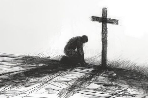 Drawing of a Man Kneeling at the Cross. Generative AI Stock Illustration - Illustration of symbol, christianity: 307112280 Someone Helping Someone Up Drawing, Kneeling At The Cross, Cross Illustration, Jesus Christ Crucified, Man Kneeling, Doctor Tattoo, Cross Silhouette, Christian Drawings, Cross Drawing