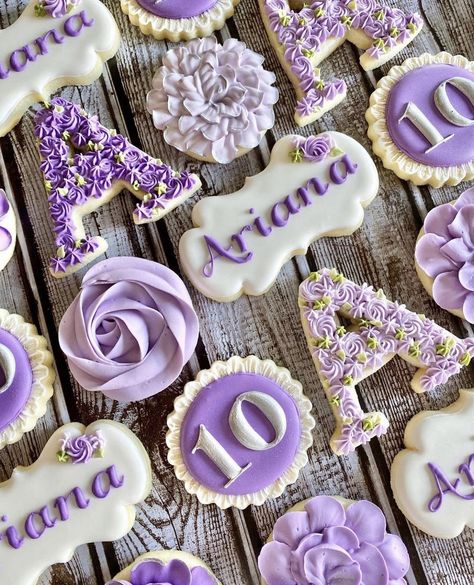 Purple Birthday Cookies Decorated, Purple Birthday Cookies, Purple Sugar Cookies, Green Cookies, Purple Cookies, Purple Sweet 16, Blue Sweet 16, Lavender Cookies, First Birthday Cookies