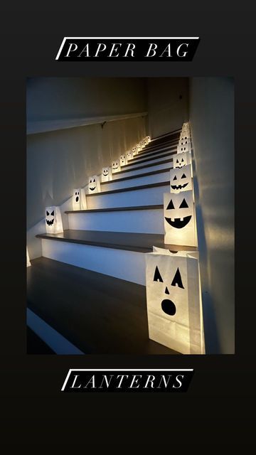 Macy Blackwell on Instagram: "Paper Bag Lanterns!🕯👻 Super cheap and easy, these would also look perfect lining the walkway up to your doorstep on Halloween night! Draw some spooky faces onto white paper bags with sharpie, and then add some led candles! #paperbaglanterns #luminaries #halloweendecor #halloweenparty #halloweenideas #halloweendiy #diyhalloween" Halloween Lanterns Paper, Paper Bag Lanterns, Diy Halloween Luminaries, Doorstep Decor, Halloween Paper Bags, Halloween Food Decorations, Macy Blackwell, Halloween Food Crafts, Halloween Luminaries