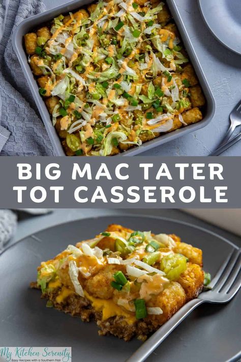 Big Mac Tater Tot Casserole is layered with seasoned ground beef, tangy Thousand Island dressing, gooey cheese, crispy tater tots, and sesame seeds!  It has all the classic flavors of a Big Mac but in an easy casserole! Big Mac Tater Tot Casserole, Big Mac Casserole, Cheeseburger Tater Tot Casserole, Southern Cooking Recipes, Dill Pickle Chips, Healthy Beef Recipes, Thousand Island, Thousand Island Dressing, Tot Casserole