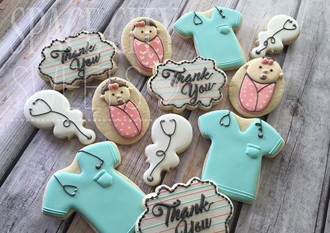 Loved making this Thank You set for a special OB and his staff! Babies inspired by @sweetdesignsbyjudit They are seriously so cute I would love to make a whole set of them.  #spacecitysweets #sugarcookies #houstoneats #thewoodlands #springtx #babycookies #thankyoucookies #obcookies #doctorgift Dr Cookies, Stick Cookies, Medical Cookies, Nurse Cookies, Royal Cookies, Houston Eats, Sweat Treats, Thank You Cookies, Baby Delivery