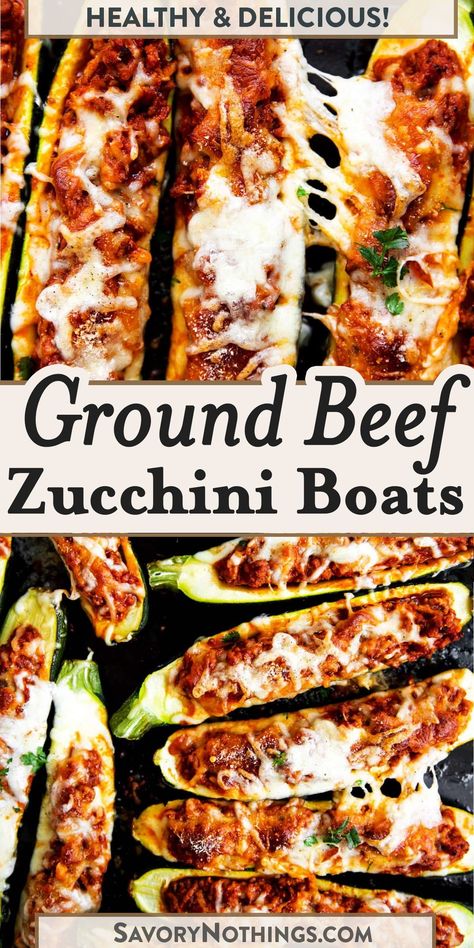 A great recipe to use up all the zucchini from your garden! The filling is super easy to make and the kids L-O-V-E them. My mom used to make a version with rice and ricotta growing up and I refused to eat those 🙈 so I’m very happy we found a version everybody enjoys! | #zucchinirecipes #groundbeefrecipes #dinnerrecipes Meat And Veggie Lunch Ideas, Easy Zucchini Boats Beef, Ground Beef Zucchini Pasta, Squash And Zucchini Dinner Ideas, Filled Zucchini Recipes, Keto Zucchini Boat Recipes, Low Carb Zucchini Boats Ground Beef, Spaghetti Zucchini Boats, Ground Beef Zucchini Recipes Low Carb