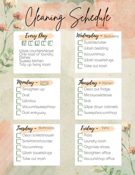 Checklist make tasks feel a little more manageable. This cleaning schedule breaks down the daily and weekly cleaning tasks to bite size pieces to complete each day in order to have a clean and organized house. The overwhelming feeling of keeping a clean house is put at ease when you take a small piece of the big picture a little each day.  This schedule has given me more freedom to do tasks that I found important rather than stress cleaning once a week because the house overwhelms me.  This product is a digital download that you will receive access to. You can print it as many times as you would like for your personal use. I suggest laminating it in order to be able to check each item off with a dry-erase marker as the tasks are completed and wiped clean for each new week. Please let me kn Cleaning And Organizing Tips, House Wife Schedule, House Cleaning Schedule For Working Mom, House Chore Schedule, How To Organize Cleaning Supplies, Cleaning House Tips, House Chores List For Adults, Daily Chores To Keep House Clean, Diy House Cleaners