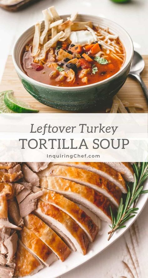 Leftover Turkey Tortilla Soup, Leftover Turkey Soup Recipes Easy, Turkey Tomato Soup, Mexican Turkey Soup, Soup With Leftover Turkey, Turkey Soup Leftover, Leftover Turkey Soup Recipes, Toasted Tortilla, Tortilla Soup Crockpot