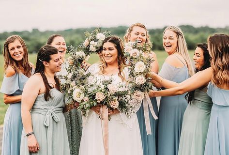 Real Birdy Grey Weddings | Birdy Grey mix-and-match sage green and dusty blue bridesmaid dresses under $100 Sage Green And Dusty Blue Wedding Bridesmaid Dress, Blue And Green Bridesmaid Dresses, Bridesmaid Dresses Baby Blue, Sage Green And Dusty Blue, Silver Grey Bridesmaid Dresses, Baby Blue Bridesmaid Dresses, Grey Weddings, Sea Glass Wedding, Mix Match Bridesmaids