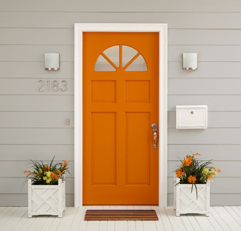 Easy exterior updates fired up close knit Orange Doors On Houses, Orange Front Door Colors, Burnt Orange Front Door, Orange Front Door, Exterior Updates, Orange Front Doors, Exterior Door Colors, Orange Door, Door Colors