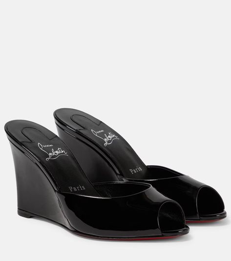 Me Dolly Zeppa patent leather sandals in black - Christian Louboutin | Mytheresa Black Wedges Heels, Louboutin Me Dolly, Black Wedge Heels, Wedged Heel, Louboutin Online, The Namesake, Dr Shoes, Wedges Heels, Designer Pumps