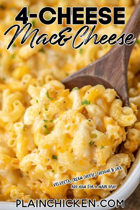 4-Cheese Mac and Cheese Recipe - so easy and it tastes AMAZING! No roux or white sauce! Simply boil the pasta and toss with butter. Add cream cheese, Velvetta, Jack and Cheddar cheese, egg, heavy cream, salt, and pepper. Can freeze for a quick side later. Add ham for a main dish! This is our family's favorite macaroni and cheese recipe! YUM! Southern Mac And Cheese, Best Mac N Cheese Recipe, Cheese Macaroni, Baked Mac And Cheese Recipe, Thanksgiving Side Dishes Easy, Easter Side Dishes, Macaroni And Cheese Recipe, Best Mac And Cheese, Mac Cheese Recipes