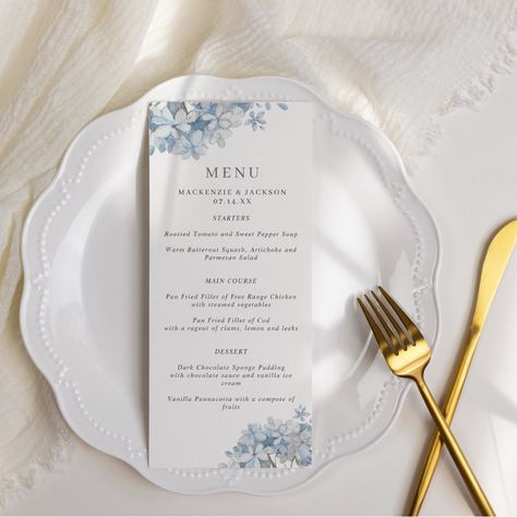 An elegant wedding menu featuring dusty blue watercolor hydrangea flowers, personalized with your names and wedding date. Menu details are in grey. Chocolate Sponge Pudding, Soiree Wedding, Hydrangea Wedding Invitations, Blue Hydrangea Wedding, Elegant Wedding Menu, Watercolor Hydrangea, Hydrangeas Wedding, Blue Hydrangeas, Light Blue Wedding