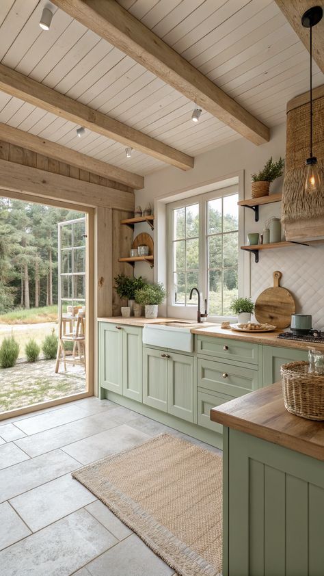 Rustic Modern Kitchen Green Cabinets Kitchen Rustic, Natural Looking Kitchen, Wooden Countertops Kitchen Farmhouse, Rustic Country Kitchens Farmhouse Style Vintage, Warm Earthy Kitchen, Modern 70s Kitchen, Kitchen With Light Wood Floors, Rustic Interior Design Farmhouse Style, Wood Accent Kitchen