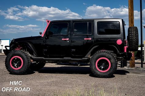 Black And Pink Car Exterior, Black Jeep With Hot Pink Accents, Black Jeep Pink Accents, Black Car With Pink Accents, Black And Pink Jeep, Jeep Wrangler Girly, Kids Vehicles, Pink Jeep Wrangler, Black Jeep Wrangler