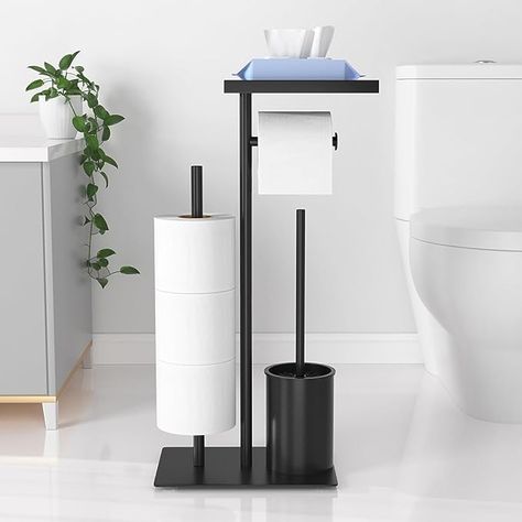 Amazon.com: Toilet Paper Holder Free Standing - Toilet Paper Holder Stand with Storage Shelf, Black Toilet Paper Holder with Toilet Brush, Bathroom Toilet Paper Roll Holder, Floor Standing Toilet Roll : Home & Kitchen Toilet Roll Holder Shelf, Free Standing Toilet Paper Holder, Black Toilet Paper Holder, Toilet Paper Holder Stand, Black Toilet Paper, Toilet Paper Roll Holder, Black Toilet, Paper Roll Holders, Body Photography